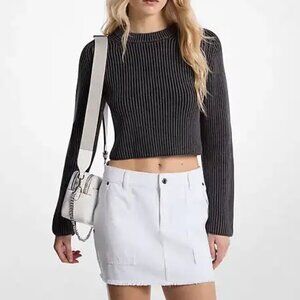 Michael Kors ribbed cotton cropped sweater black/gray STUNNING NWOT Large